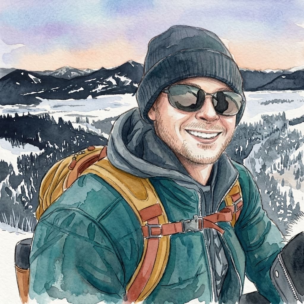 Watercolor portrait of a smiling man in a knit hat and sunglasses, with snowy mountains behind him.