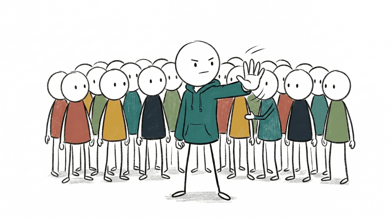 Illustration of a person stopping a crowd
